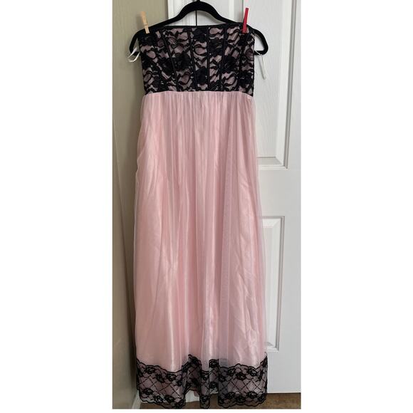 Jessica McClintock Pink Black Lace Strapless Formal Gown Dress Maxi Evening Prom - Picture 1 of 8